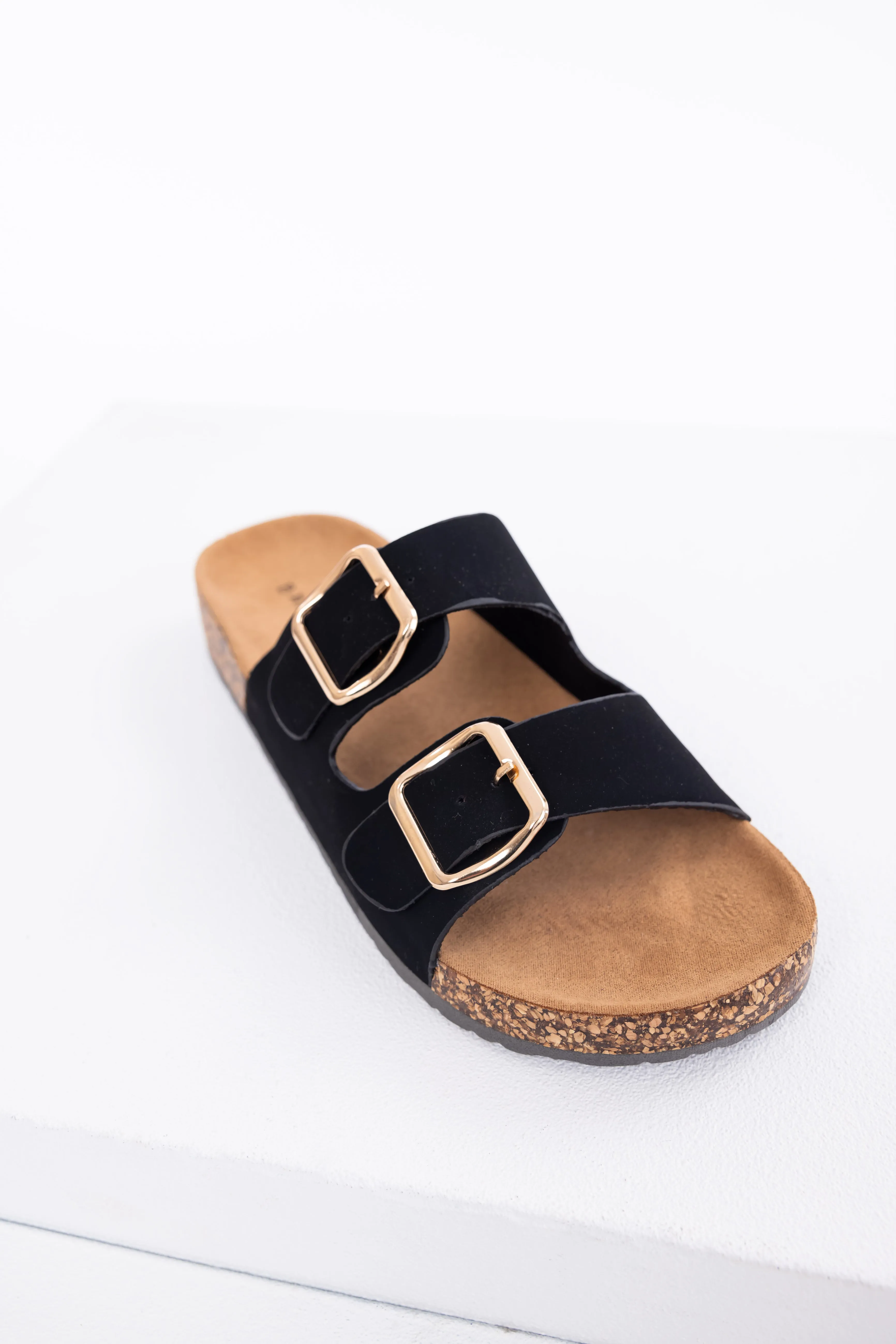Black Double Buckle Slide On Sandals
