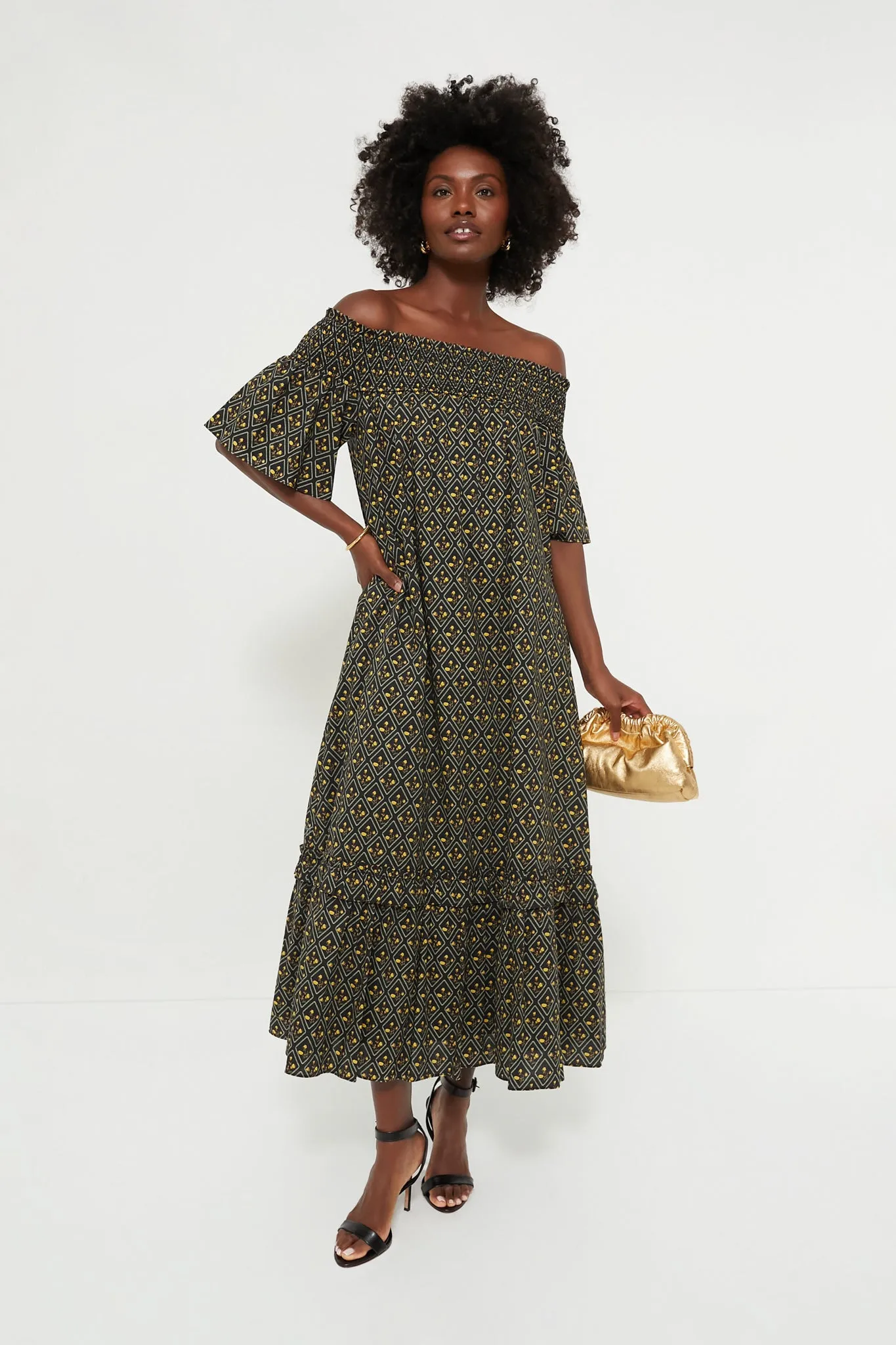 Black Floral Shirred Capri Maxi Dress