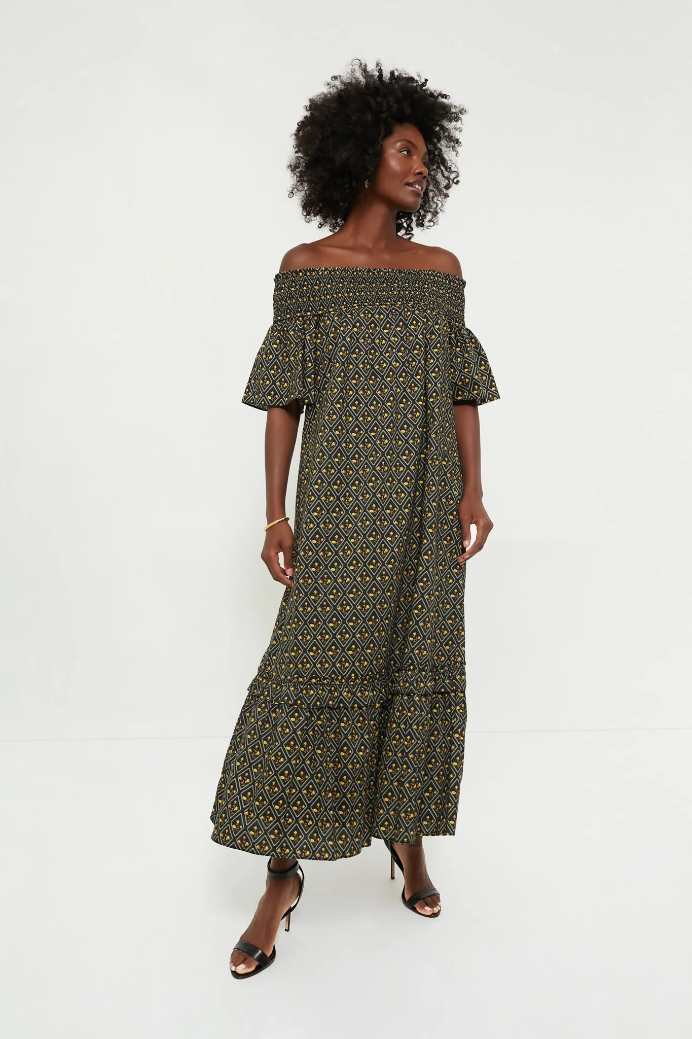 Black Floral Shirred Capri Maxi Dress