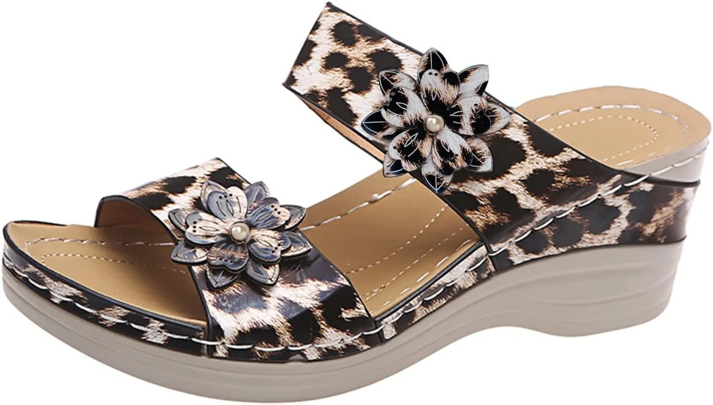 Eduavar Wedge Sandals for Women, Sandals Women Floral Leopard Print Sandals Peep Toe Wedge Sandals Comfy Slip On Shoes