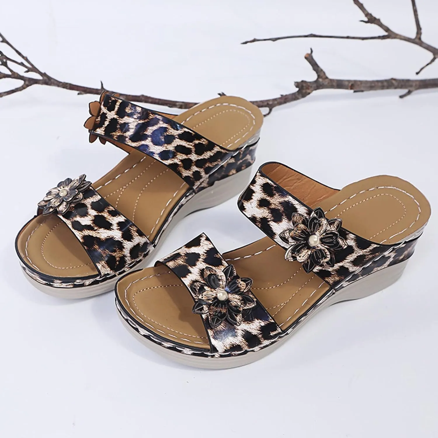Eduavar Wedge Sandals for Women, Sandals Women Floral Leopard Print Sandals Peep Toe Wedge Sandals Comfy Slip On Shoes