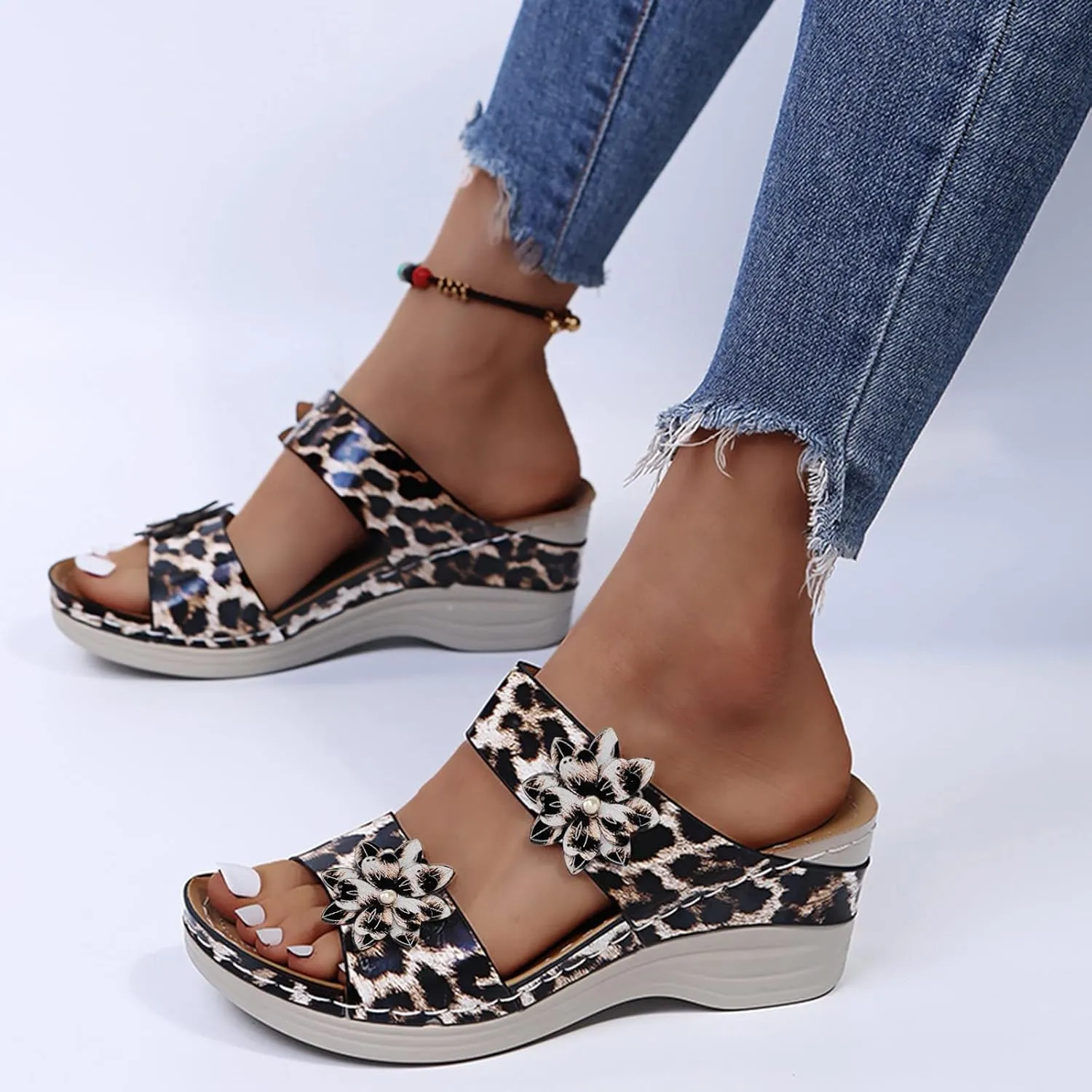 Eduavar Wedge Sandals for Women, Sandals Women Floral Leopard Print Sandals Peep Toe Wedge Sandals Comfy Slip On Shoes