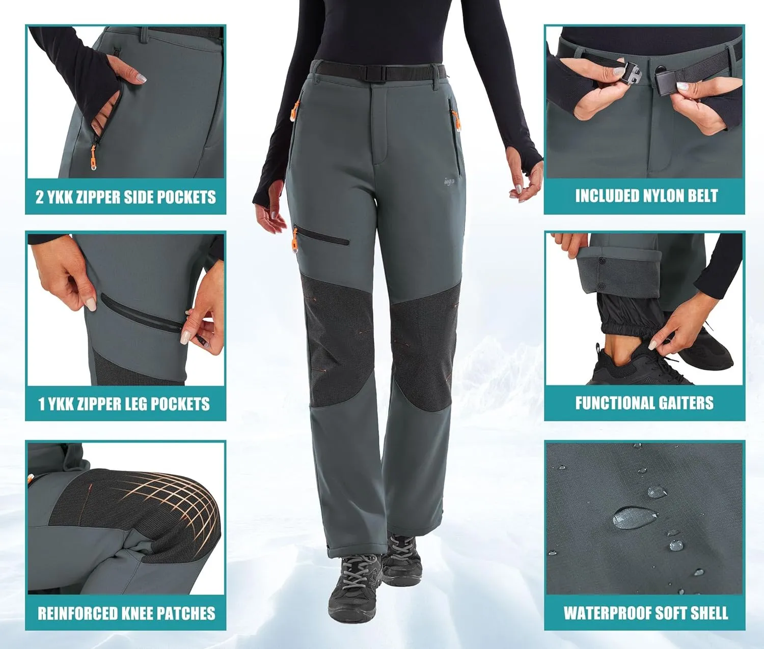 IUGA Snow Pants Womens Ski Hiking Pants Waterproof Outdoor Insulated Softshell Winter Fleece Lined Snowboard Pants 4 Pockets