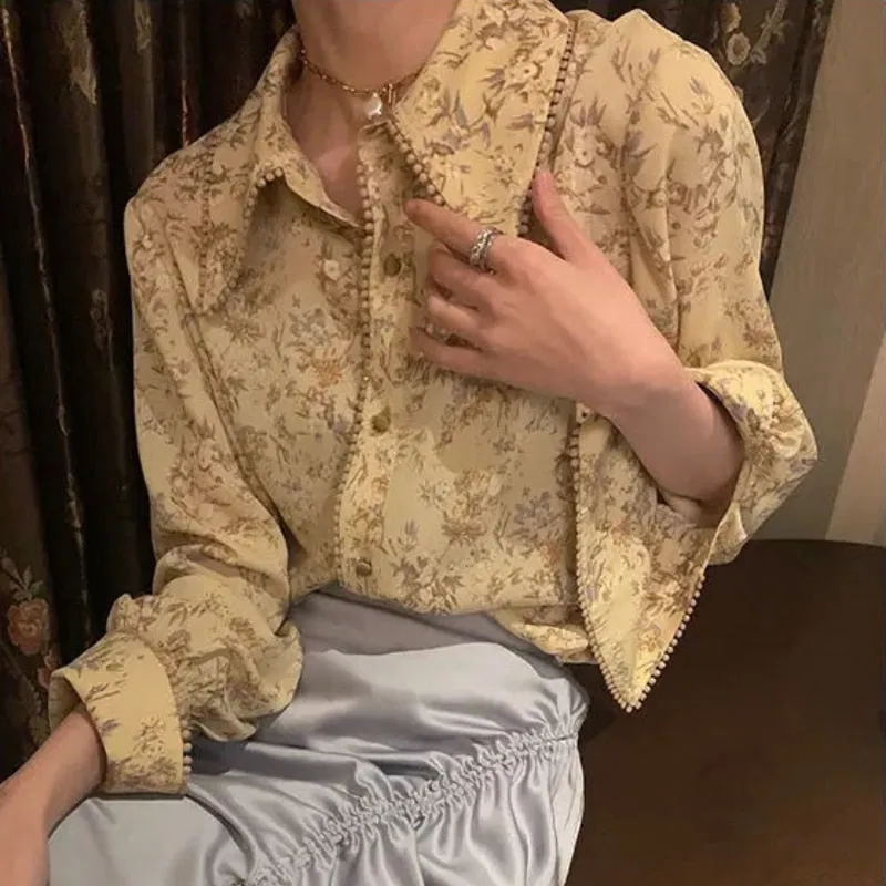 Joskaa Christmas Gift QWEEK Vintage Shirt for Women Floral Printed Beautiful Blouses Spring Summer 2024 Fashion Cardigan Yellow Top Designer Casual