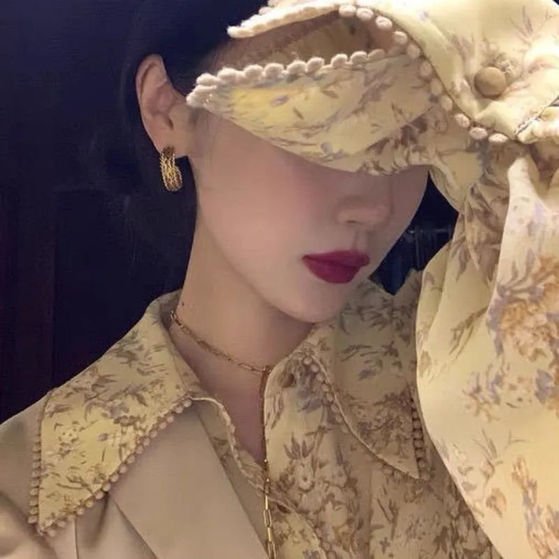 Joskaa Christmas Gift QWEEK Vintage Shirt for Women Floral Printed Beautiful Blouses Spring Summer 2024 Fashion Cardigan Yellow Top Designer Casual