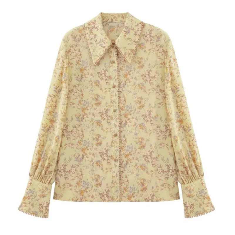 Joskaa Christmas Gift QWEEK Vintage Shirt for Women Floral Printed Beautiful Blouses Spring Summer 2024 Fashion Cardigan Yellow Top Designer Casual