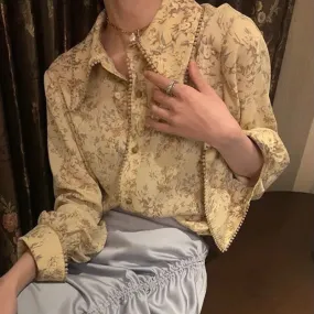 Joskaa Christmas Gift QWEEK Vintage Shirt for Women Floral Printed Beautiful Blouses Spring Summer 2024 Fashion Cardigan Yellow Top Designer Casual