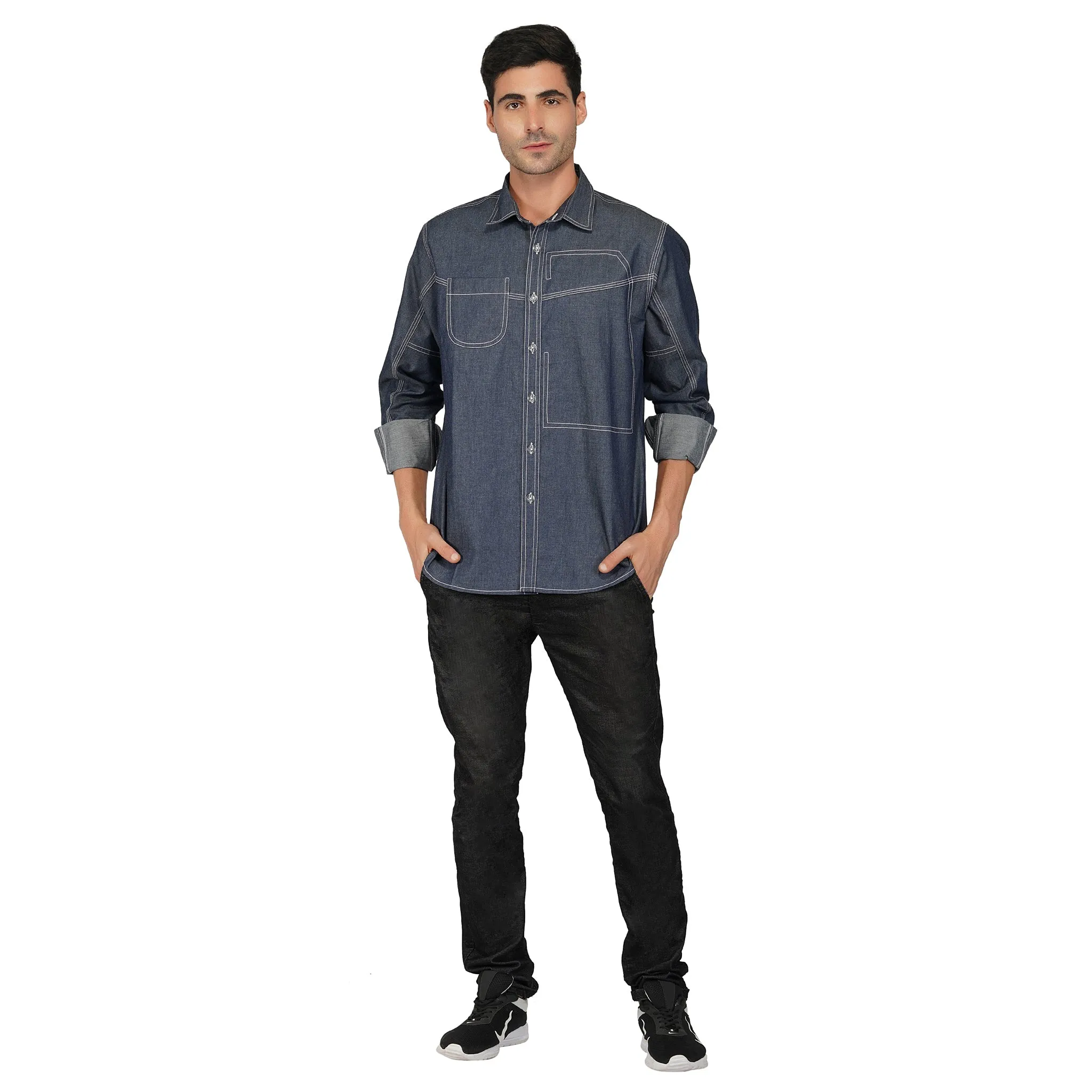 SLAY. Men's Full Sleeves Abstract Stitch Designer Denim Shirt