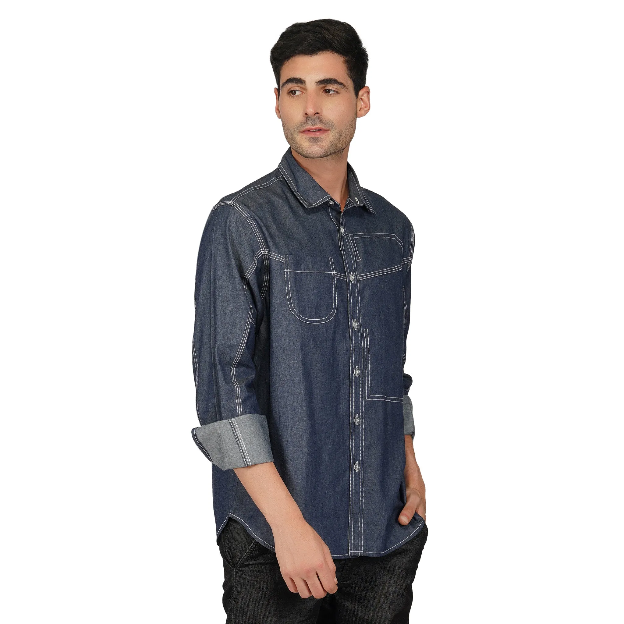 SLAY. Men's Full Sleeves Abstract Stitch Designer Denim Shirt