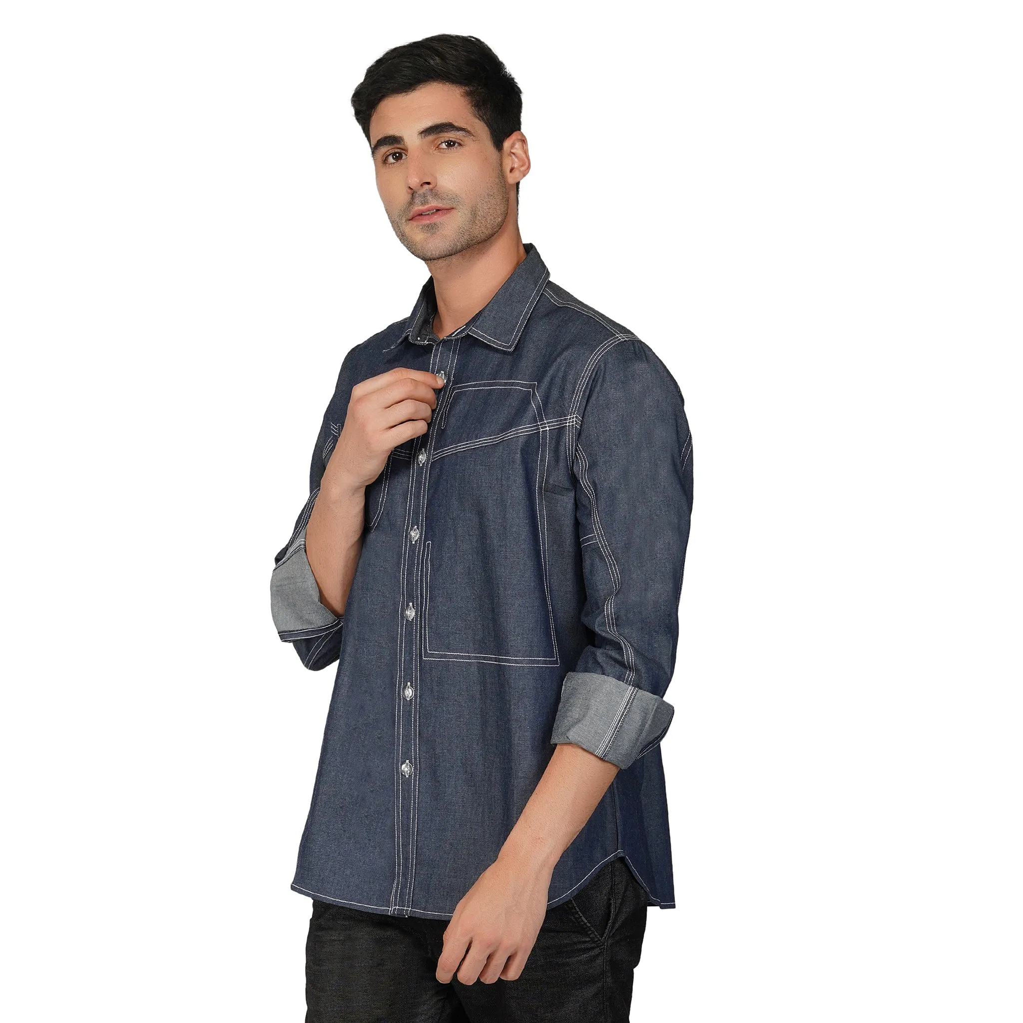 SLAY. Men's Full Sleeves Abstract Stitch Designer Denim Shirt
