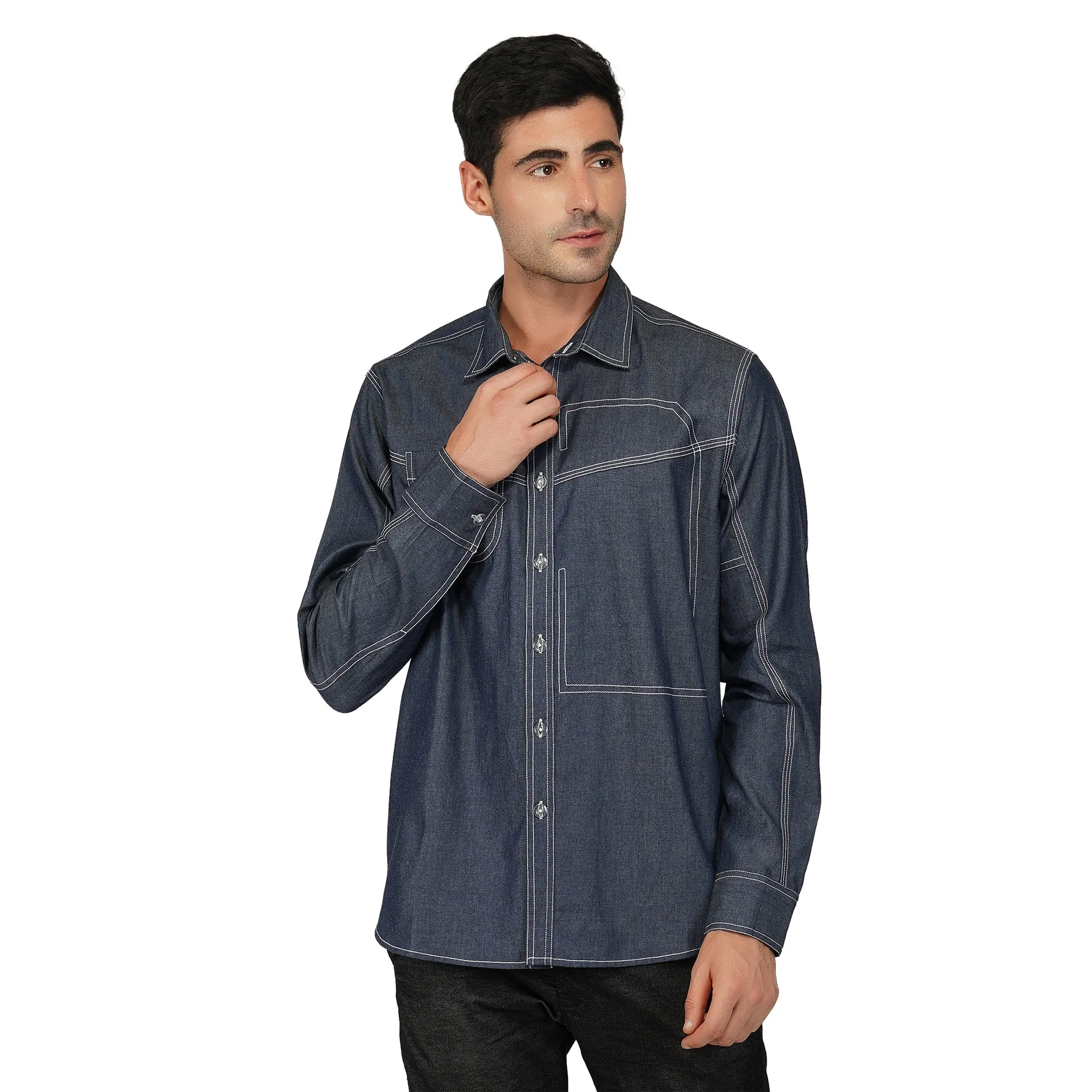 SLAY. Men's Full Sleeves Abstract Stitch Designer Denim Shirt