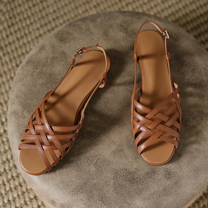 Wjczt Designer Sandals Women 2024 Fashion Retro Roman Literary Style Hollow Open Toe Women's Sandals Casual Low Heel Flat Sandals