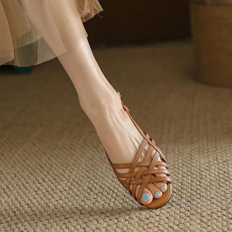 Wjczt Designer Sandals Women 2024 Fashion Retro Roman Literary Style Hollow Open Toe Women's Sandals Casual Low Heel Flat Sandals