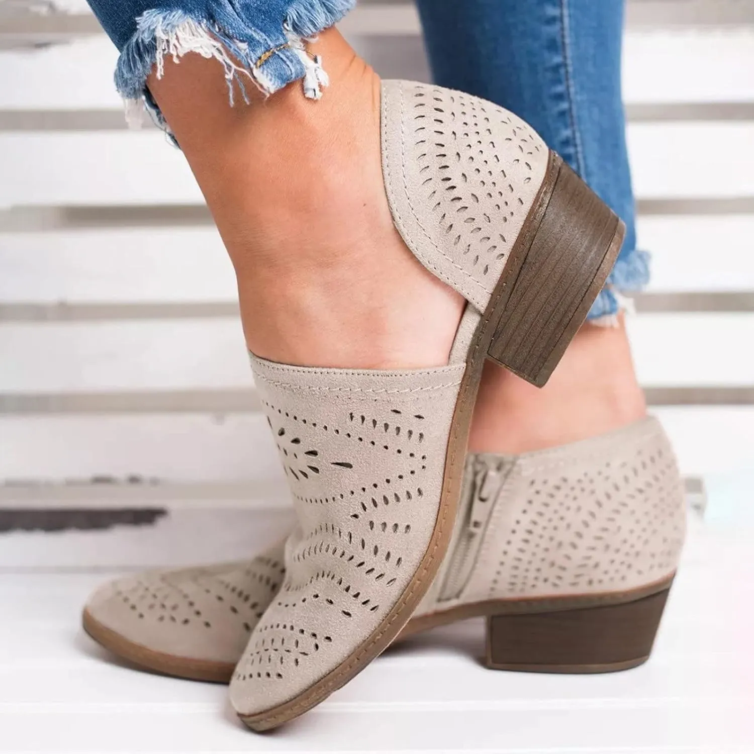 Womens Ankle Boots Slip On Comfy Booties Loafers Pointed Toe Chunky Block Low Heel Shoes Cut Out Office Dress (Khaki, 10)