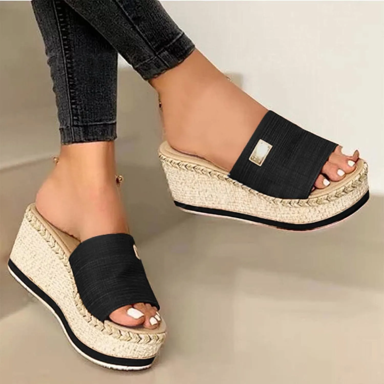 Women's Sandals Summer Casual Slip on Wedge Platform Sandal Open Toe Metal Decorate Slippers Comfy Anti-Slip Shoes