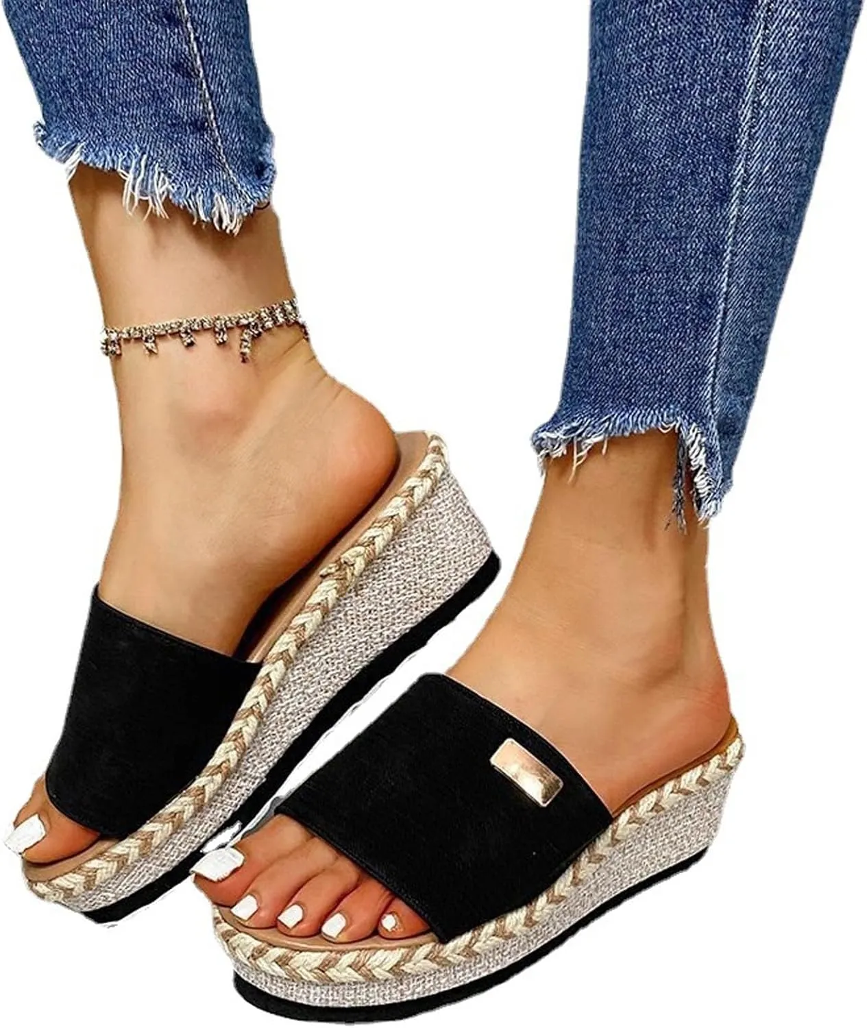 Women's Sandals Summer Casual Slip on Wedge Platform Sandal Open Toe Metal Decorate Slippers Comfy Anti-Slip Shoes