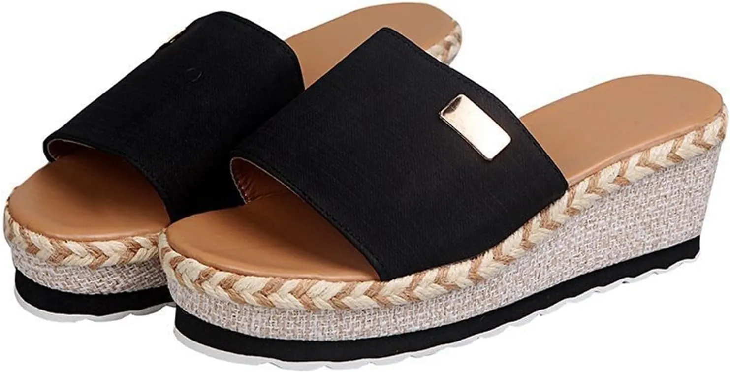 Women's Sandals Summer Casual Slip on Wedge Platform Sandal Open Toe Metal Decorate Slippers Comfy Anti-Slip Shoes