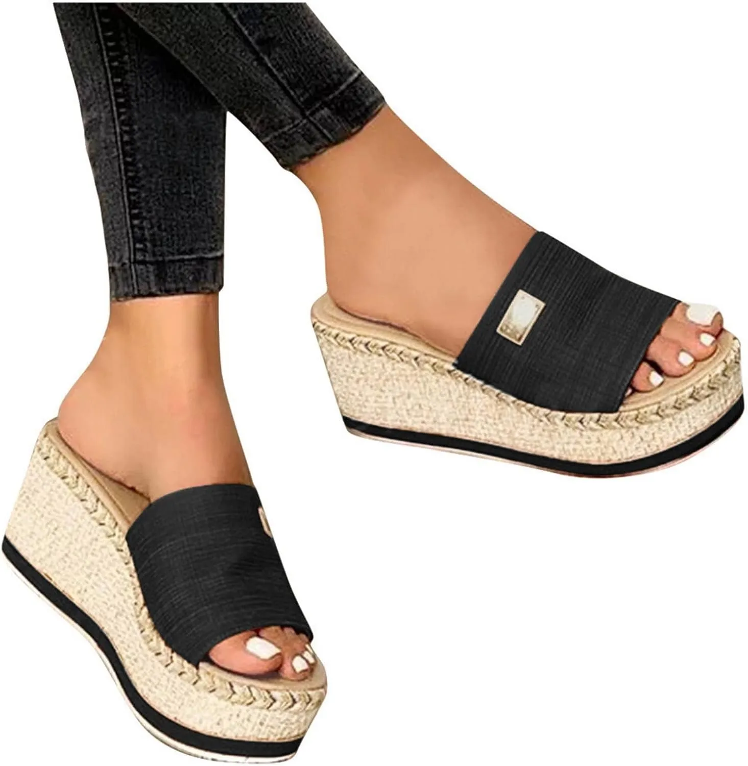 Women's Sandals Summer Casual Slip on Wedge Platform Sandal Open Toe Metal Decorate Slippers Comfy Anti-Slip Shoes