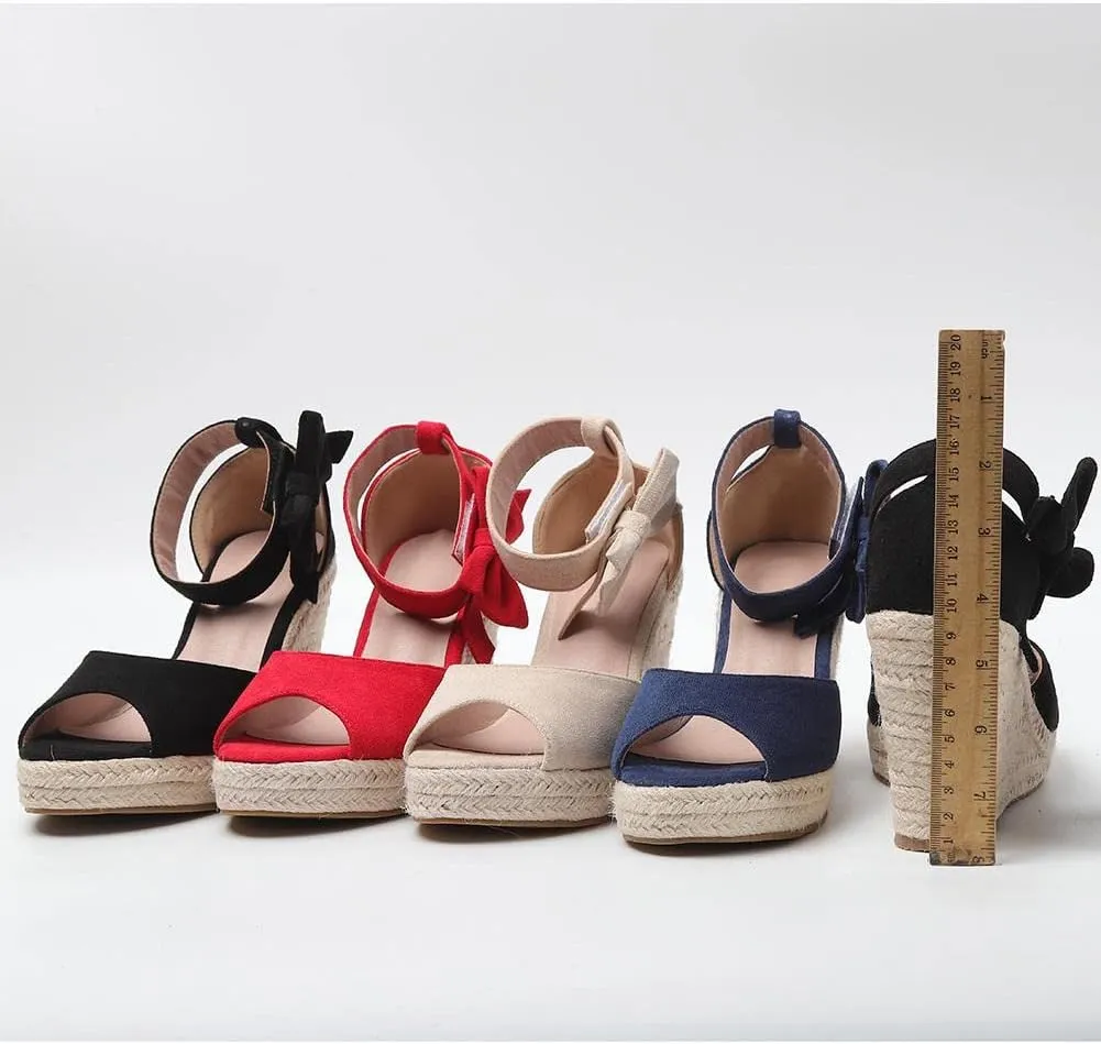 Womens Wedge Sandals Bowknot Open Toe Espadrille Platform Sandals Slip On Casual Comfy Wedge Heels Sandals Shoes