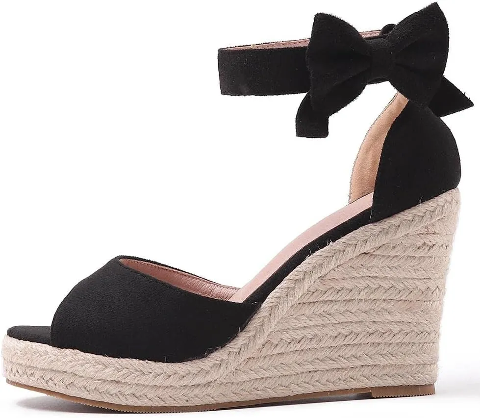 Womens Wedge Sandals Bowknot Open Toe Espadrille Platform Sandals Slip On Casual Comfy Wedge Heels Sandals Shoes