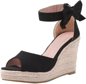 Womens Wedge Sandals Bowknot Open Toe Espadrille Platform Sandals Slip On Casual Comfy Wedge Heels Sandals Shoes